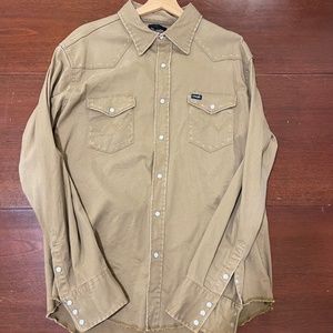 Wrangler Pearl Snap Button Down Cowboy Shirt Size XL In Tan